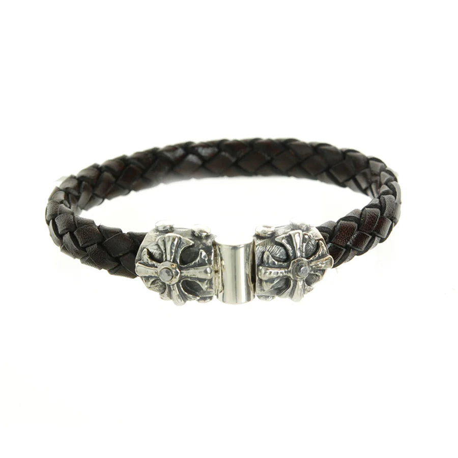 Silber-Lederarmband MALTESERKREUZ mit METEORIT Facettierter Silbergelenkverschluss 10