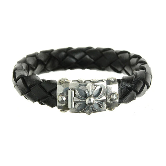 Silber-Lederarmband MALTESERKREUZ Facettiertes Boxlock mit METEORIT für 13mm Leder