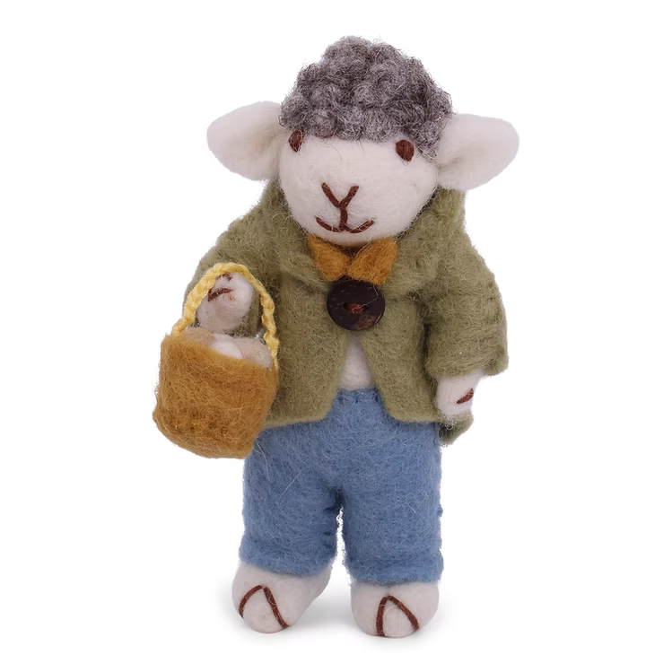 Kleines graues Schaf mit grüner Jacke und Eierkorb
