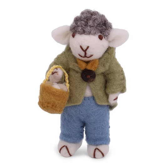 Kleines graues Schaf mit grüner Jacke und Eierkorb