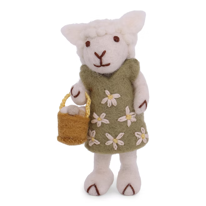 Kleines weisses Mädchen-Schaf mit grünem Kleid und Eierkorb