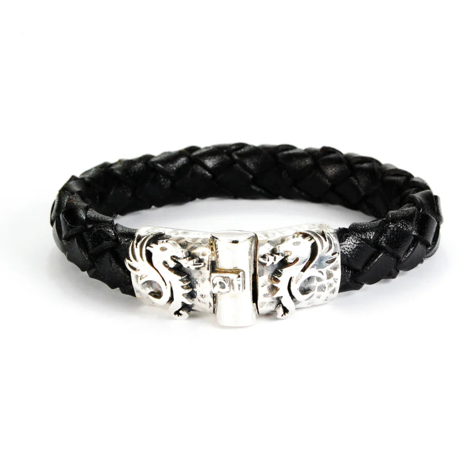 Silbernes Lederarmband DRAGON FIRE Jointlock gehämmert 13