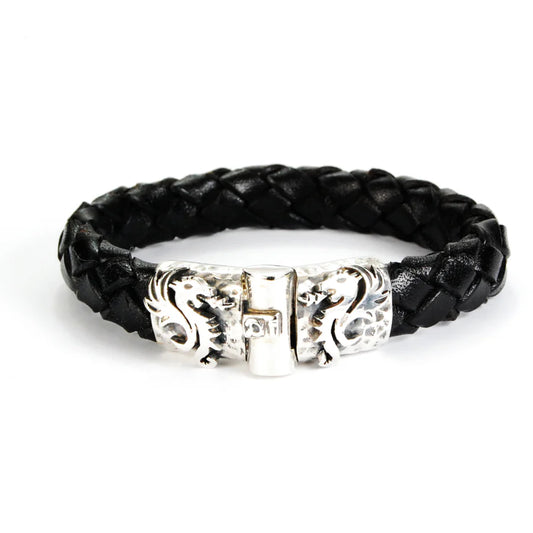 Silbernes Lederarmband DRAGON FIRE Jointlock gehämmert 13
