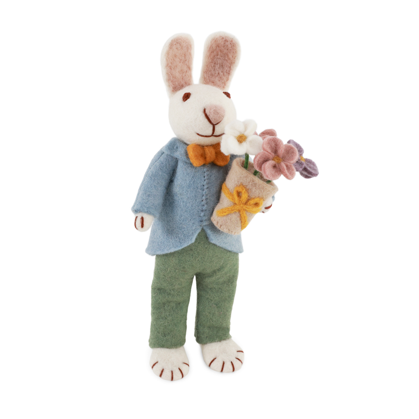 Mittlerer weisser Hasenjunge mit Blumenstrauss